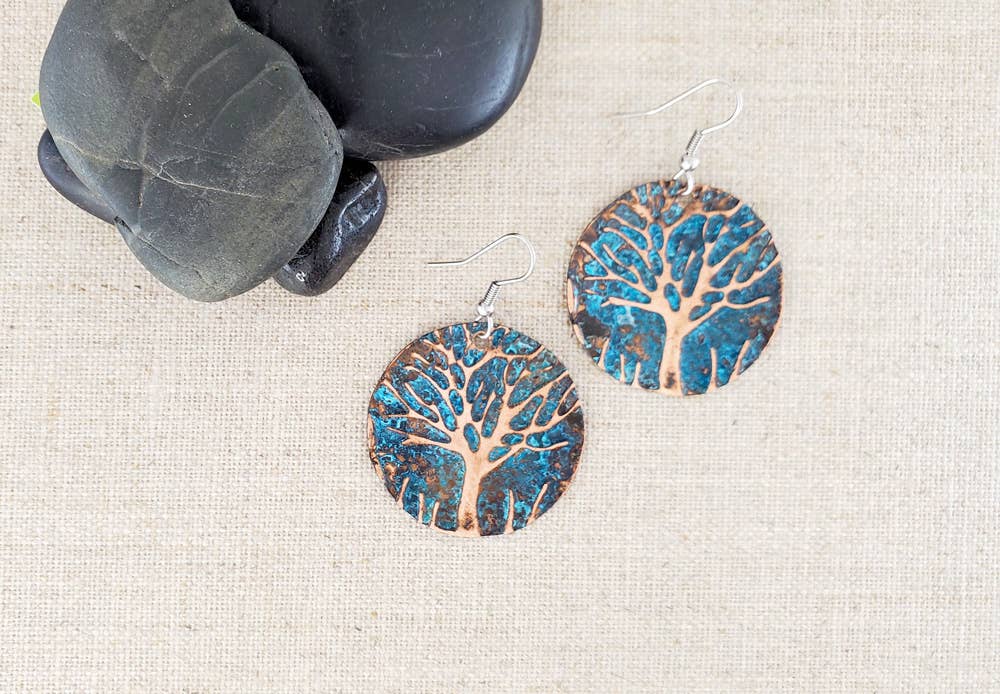 Natural Patina Embossed Medium Circle Copper Tree Earrings