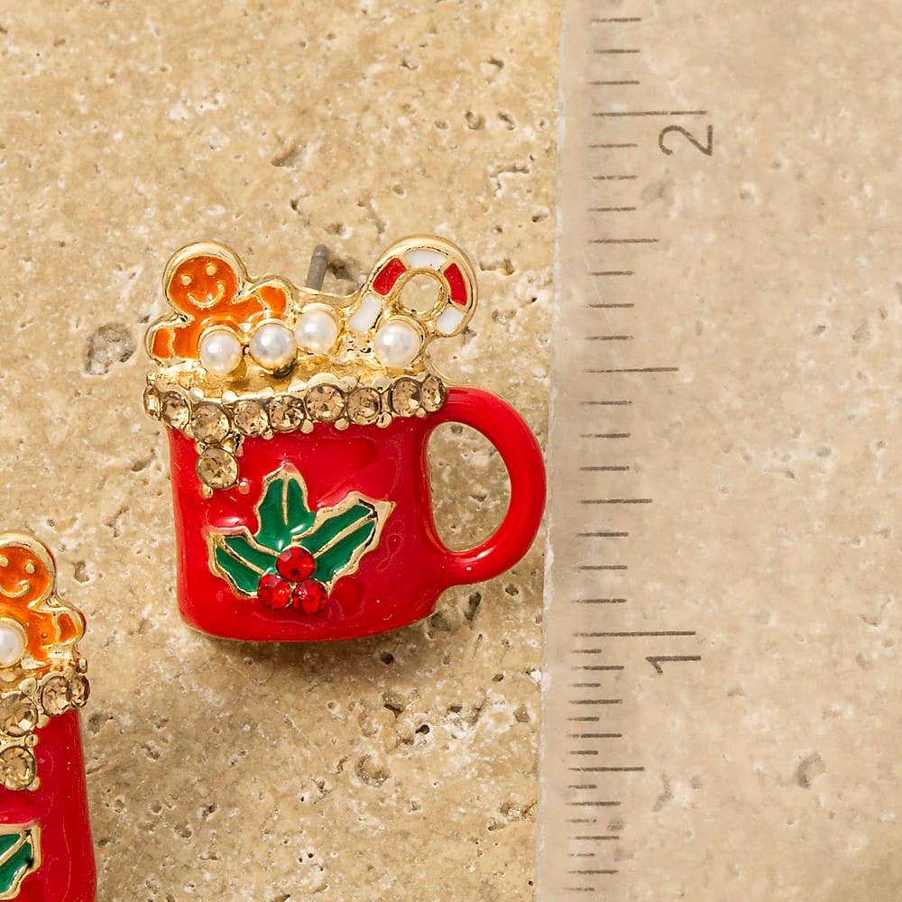 Enamel Pave Christmas Themed Mug Stud Earrings