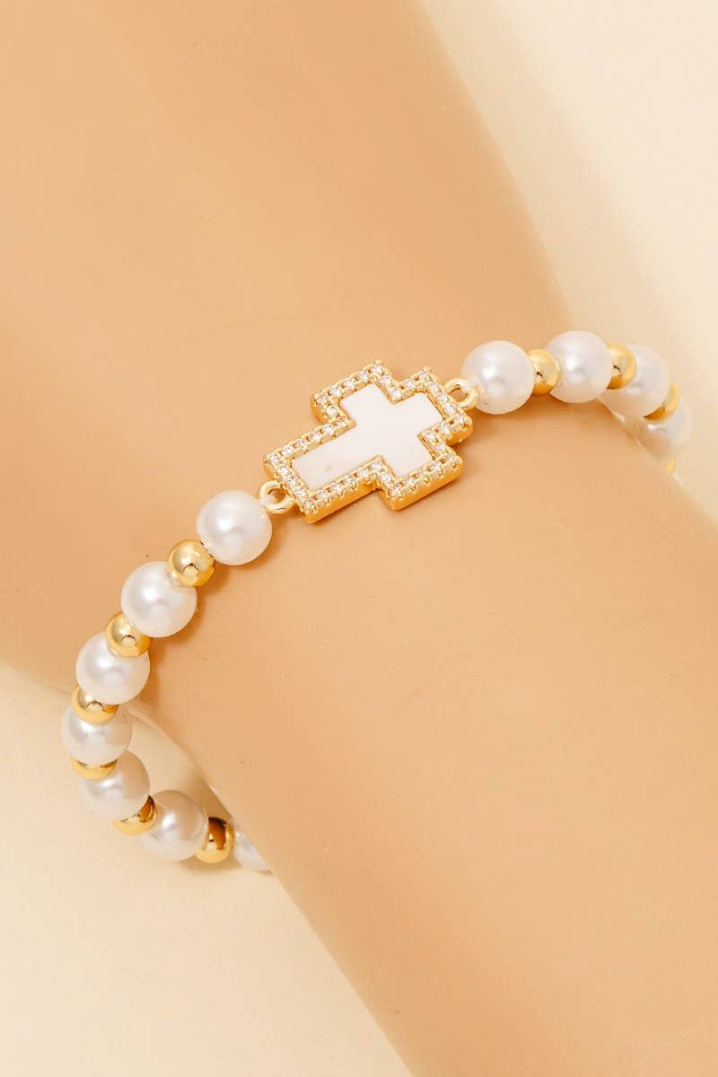Gold Dipped Pearl Cz Cross Charm Bracelet