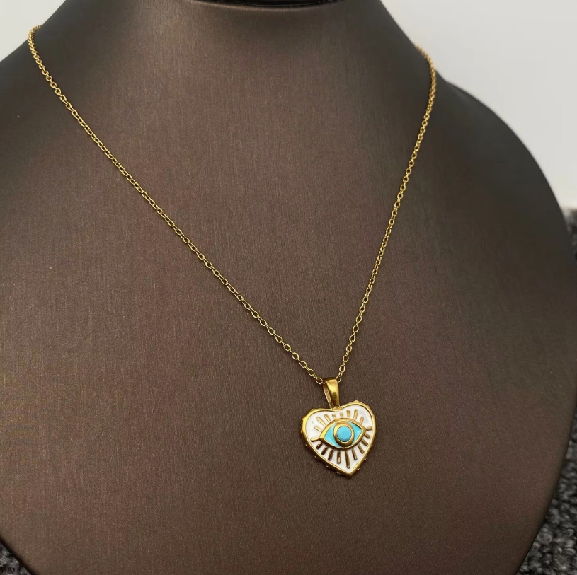 Enamel Evil Eyes Charm18K Gold Plated S.Steel Necklace - Fgs