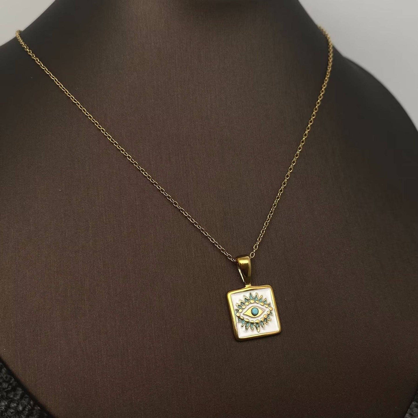 Enamel Evil Eyes Charm18K Gold Plated S.Steel Necklace - Fgs