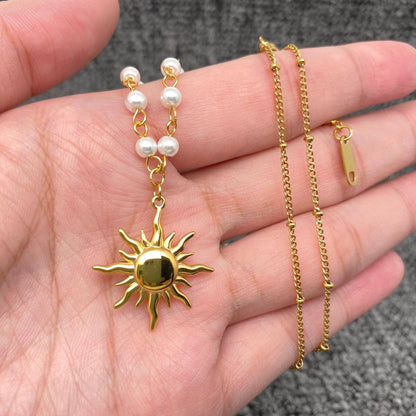18K Gold Plated Ss Sun Charm Pearl Chain Necklace - Fgs/Ms