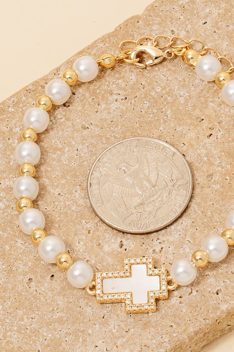 Gold Dipped Pearl Cz Cross Charm Bracelet