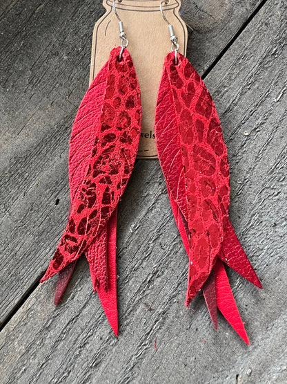 Red Leopard Metallic Fringe Feather Leather Earrings