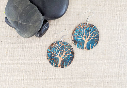 Natural Patina Embossed Medium Circle Copper Tree Earrings