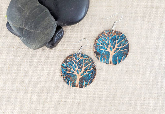 Natural Patina Embossed Medium Circle Copper Tree Earrings