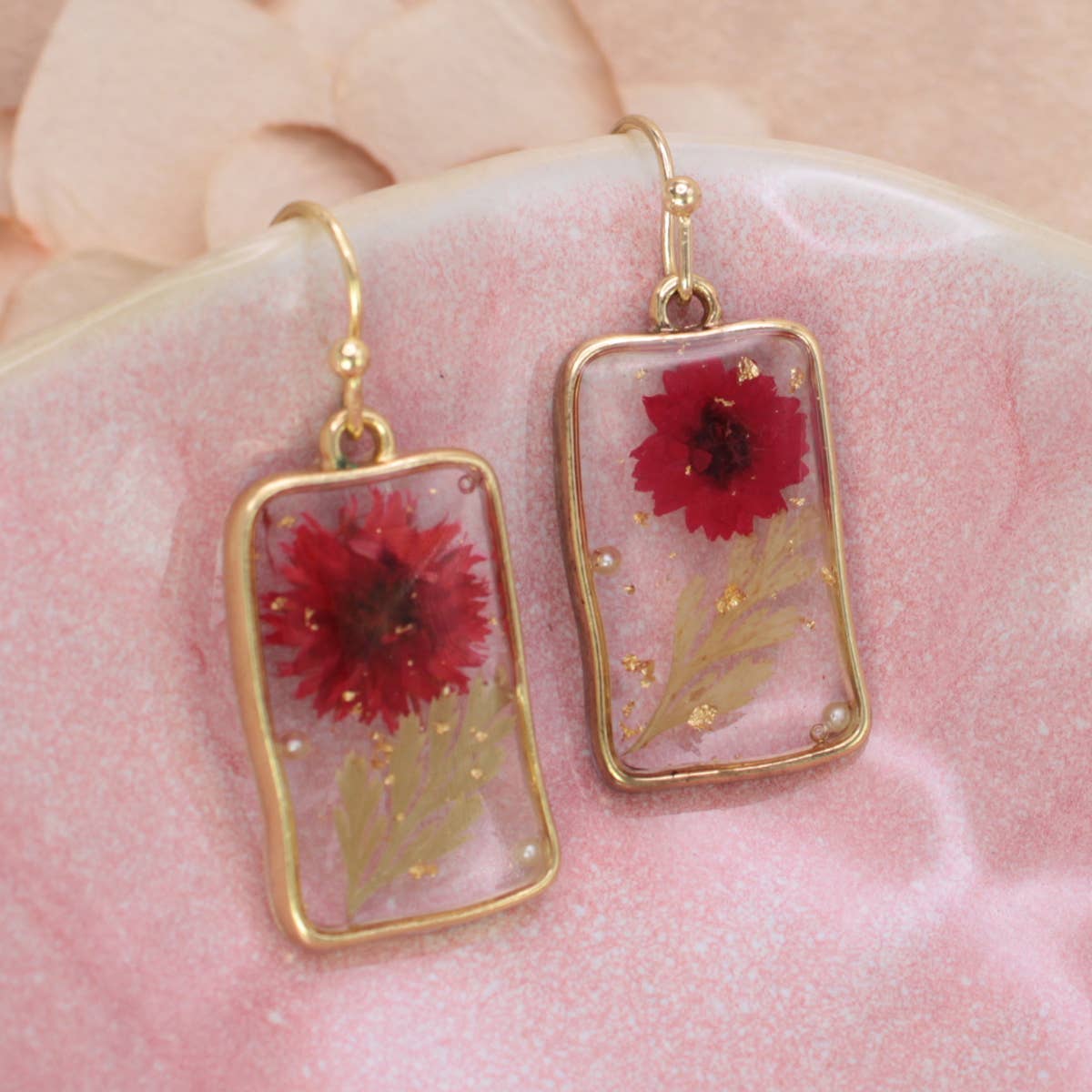 Cottage Red Dried Flower Rectangle Earrings