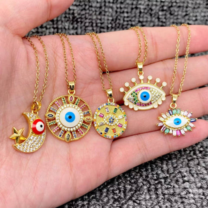 Multi Style Rhinestone Evil Eyes Charm Gold Plated Necklace