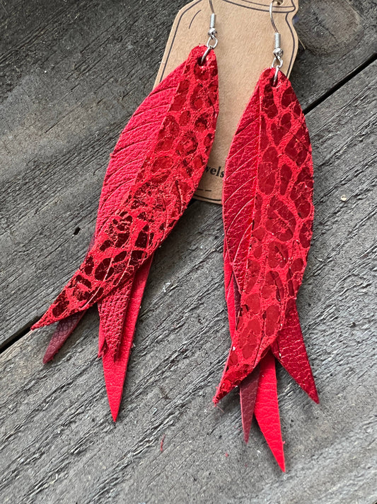Red Leopard Metallic Fringe Feather Leather Earrings