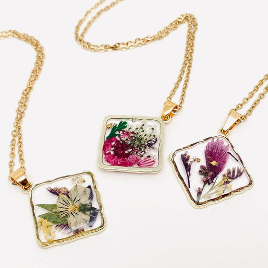 Floral Square Pendant Pressed Dried Flowers Necklace - Pdf