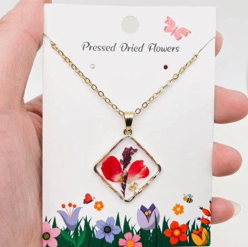 Floral Square Pendant Pressed Dried Flowers Necklace - Pdf