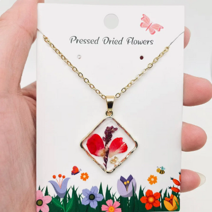 Floral Square Pendant Pressed Dried Flowers Necklace - Pdf