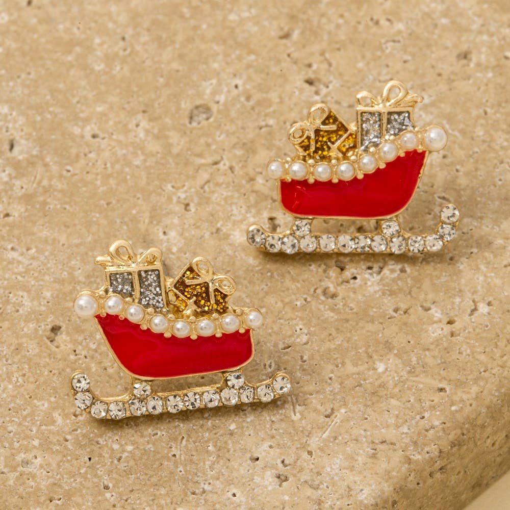 Enamel Pave Christmas Santa Sled Stud Earrings