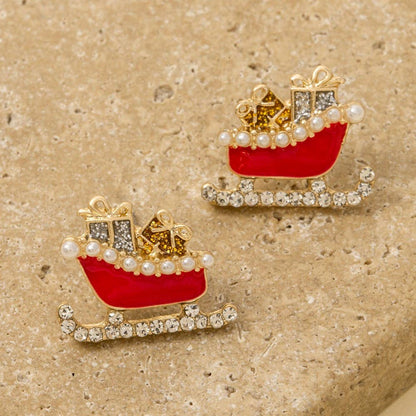 Enamel Pave Christmas Santa Sled Stud Earrings