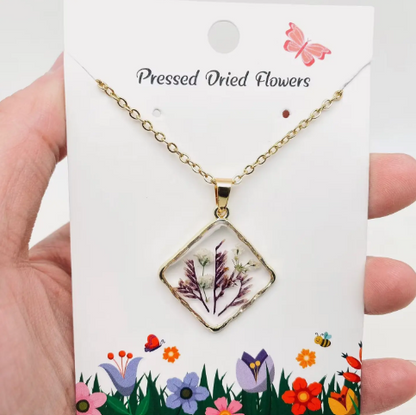 Floral Square Pendant Pressed Dried Flowers Necklace - Pdf
