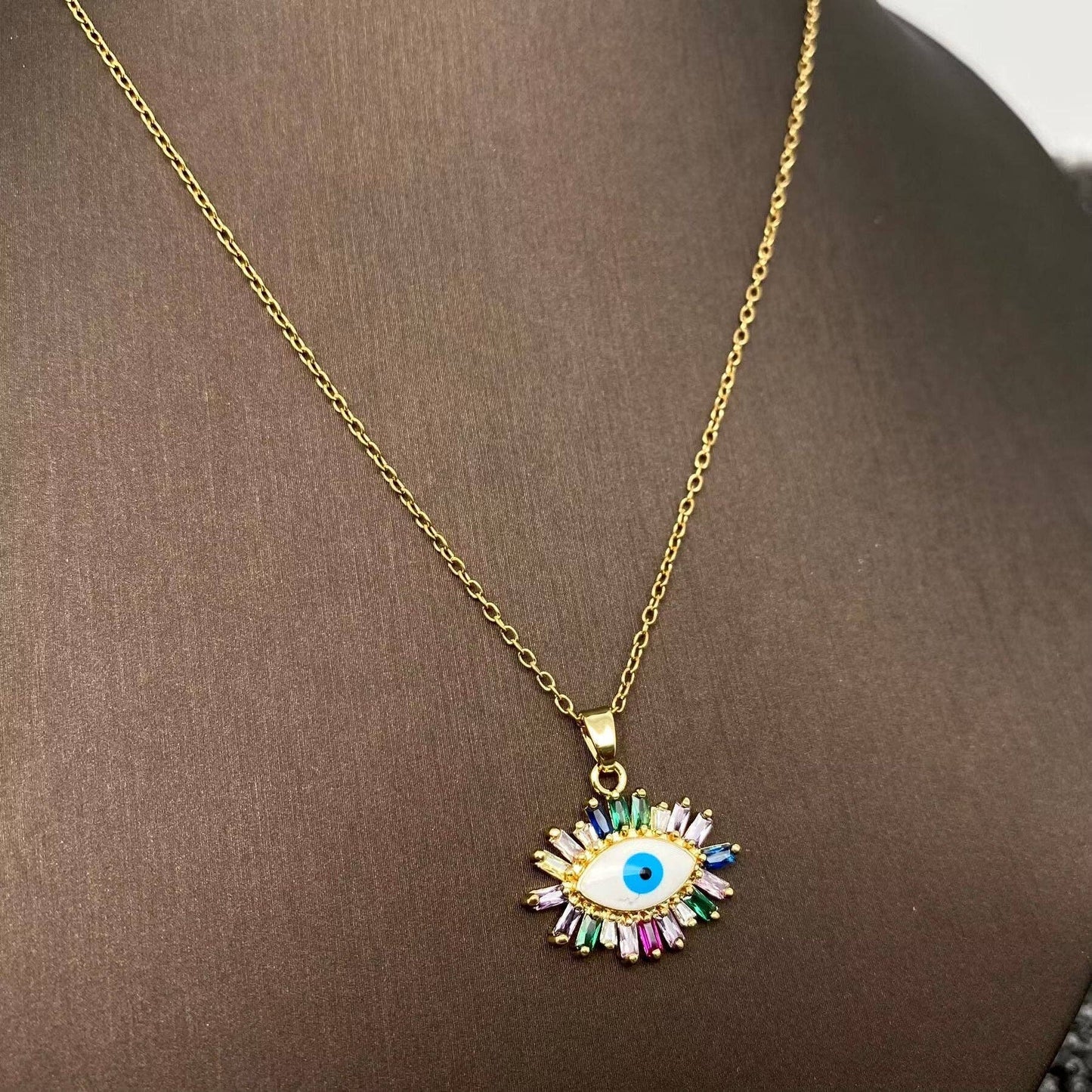 Multi Style Rhinestone Evil Eyes Charm Gold Plated Necklace