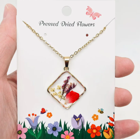 Floral Square Pendant Pressed Dried Flowers Necklace - Pdf