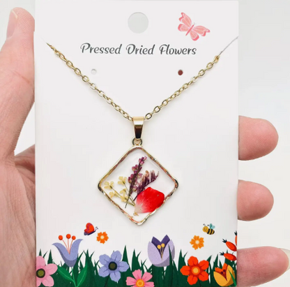 Floral Square Pendant Pressed Dried Flowers Necklace - Pdf