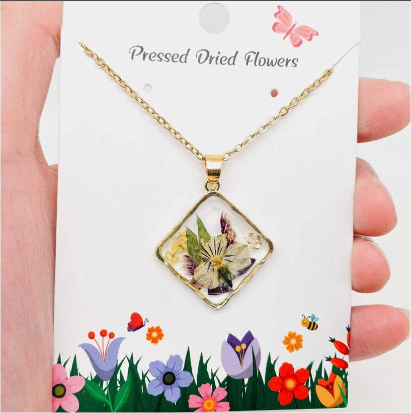 Floral Square Pendant Pressed Dried Flowers Necklace - Pdf