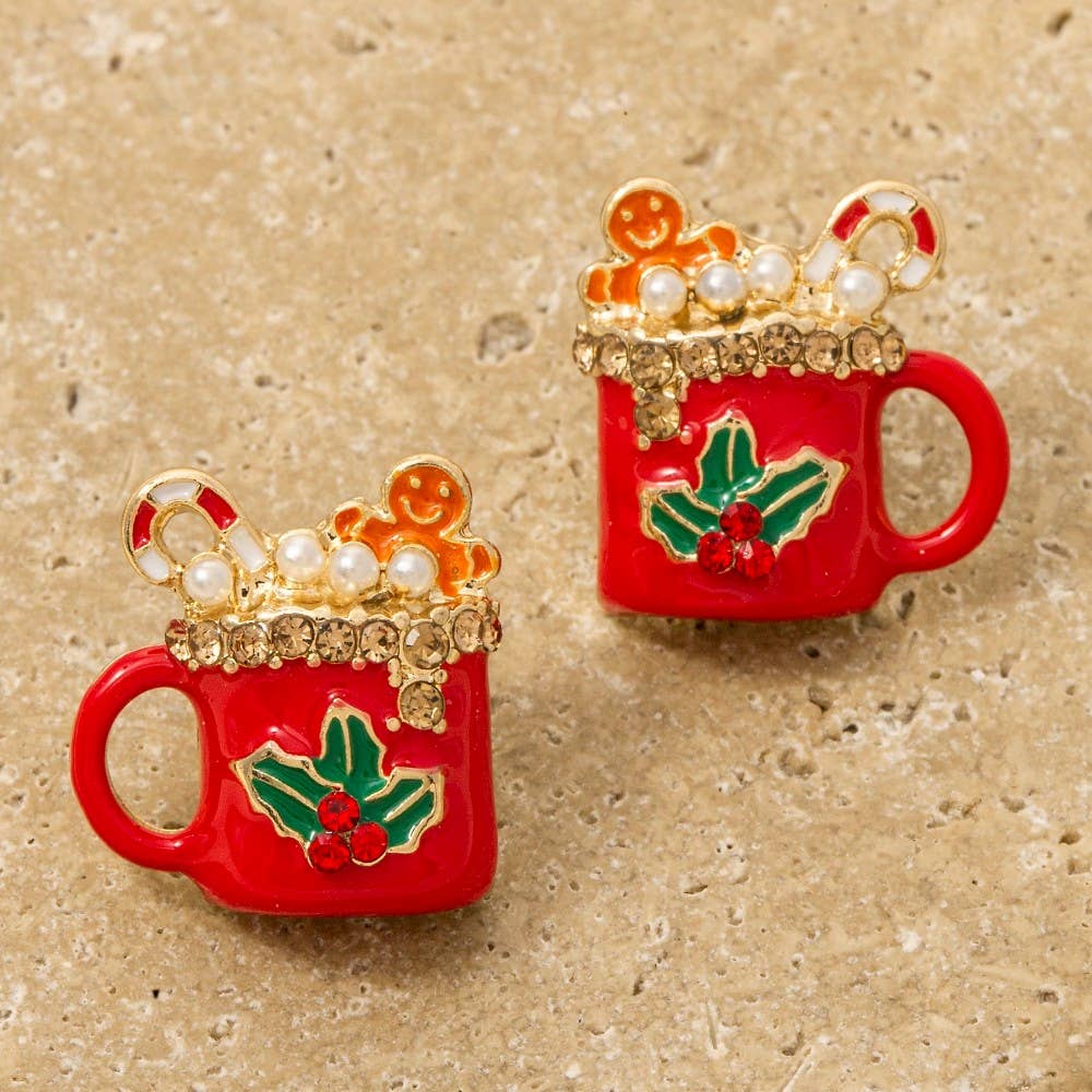 Enamel Pave Christmas Themed Mug Stud Earrings