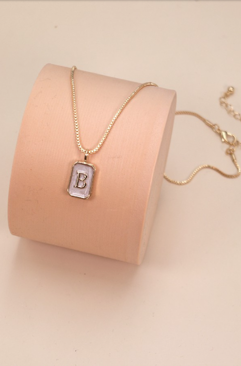 Monogram Initial Rectangle Pearly Charm Necklace  | 80N181