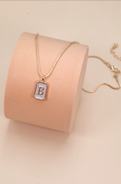 Monogram Initial Rectangle Pearly Charm Necklace  | 80N181