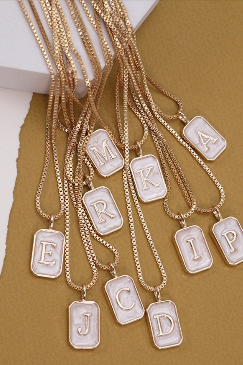 Monogram Initial Rectangle Pearly Charm Necklace  | 80N181