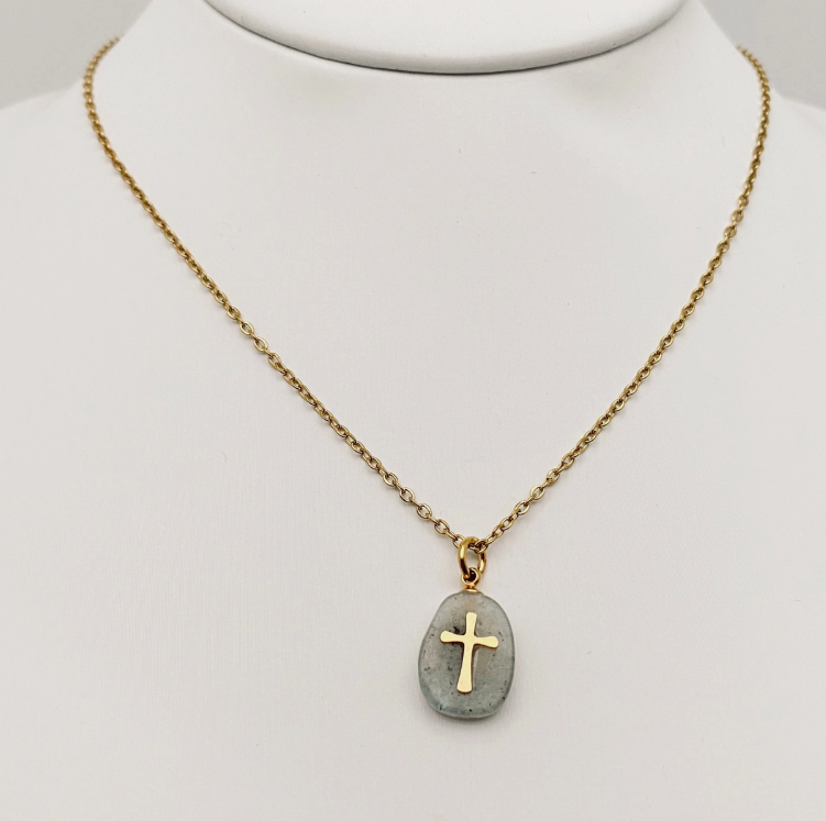 Natural Stone Stainless Steel Cross Pendant Necklace - Cs