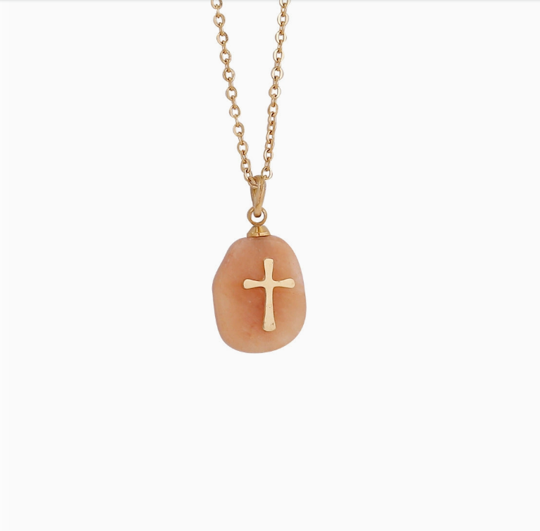 Natural Stone Stainless Steel Cross Pendant Necklace - Cs
