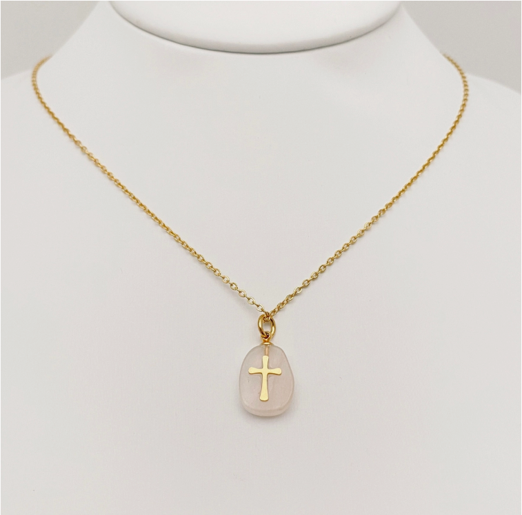 Natural Stone Stainless Steel Cross Pendant Necklace - Cs