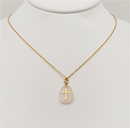 Natural Stone Stainless Steel Cross Pendant Necklace - Cs