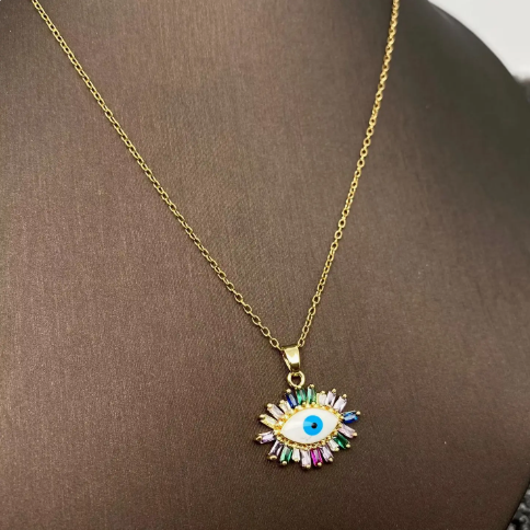 Multi Style Rhinestone Evil Eyes Charm Gold Plated Necklace