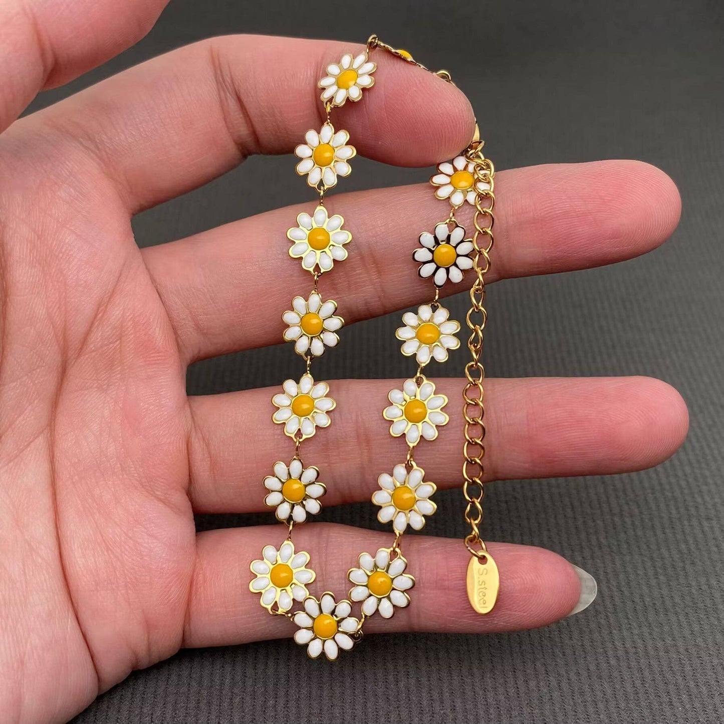 18K Gold Plated S.Steel Enamel Daisy Linked Bracelet - Fgs