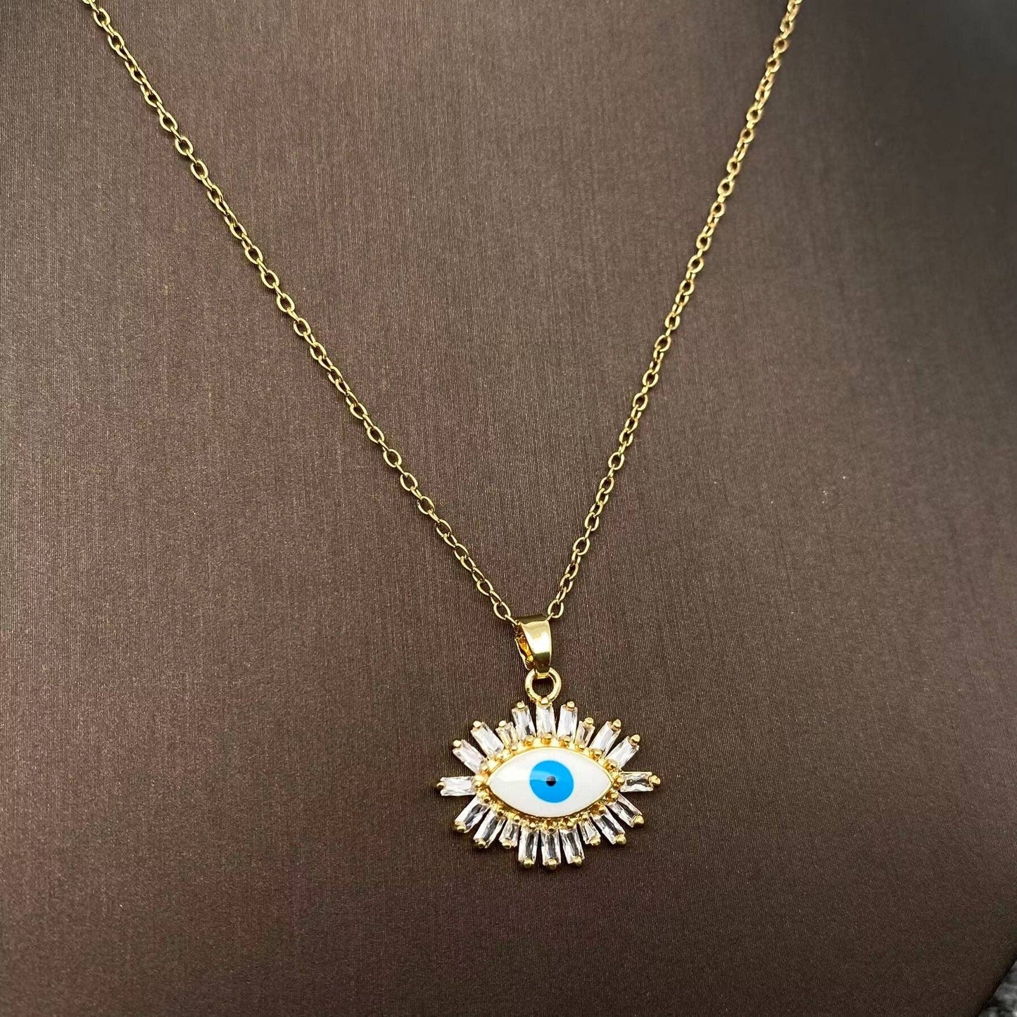 Multi Style Rhinestone Evil Eyes Charm Gold Plated Necklace