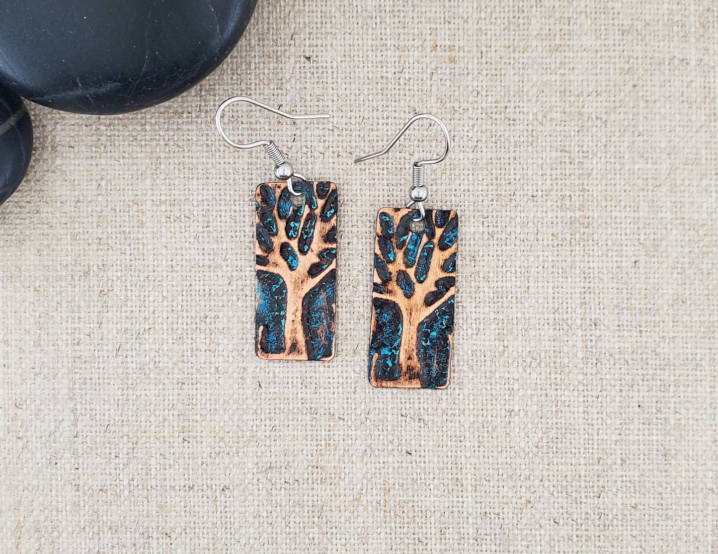 Natural Patina Emboss Small Rectangle Copper Tree Earrings