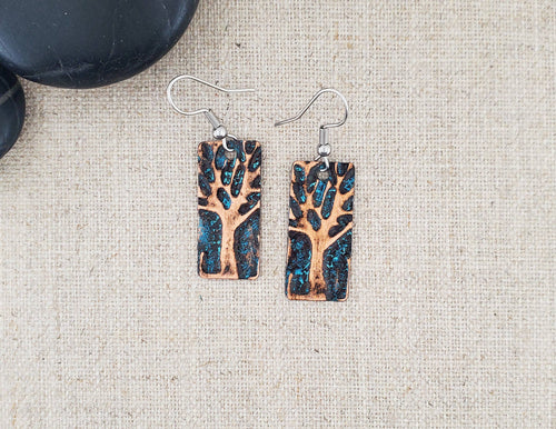 Natural Patina Emboss Small Rectangle Copper Tree Earrings