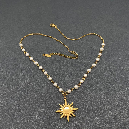 18K Gold Plated Ss Sun Charm Pearl Chain Necklace - Fgs/Ms