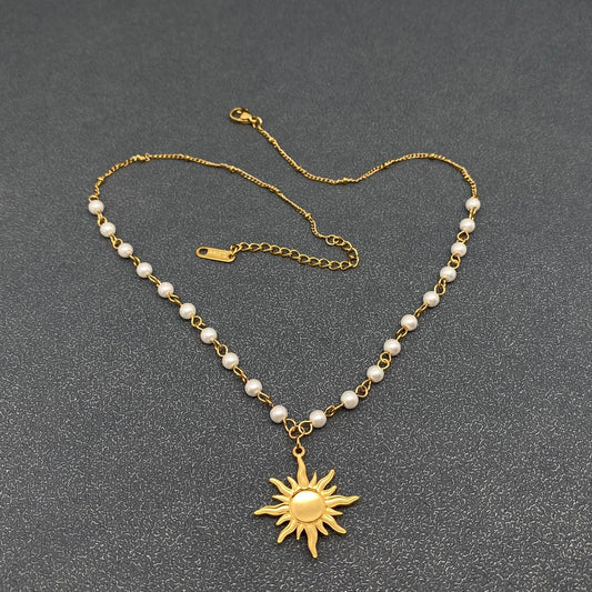 18K Gold Plated Ss Sun Charm Pearl Chain Necklace - Fgs/Ms