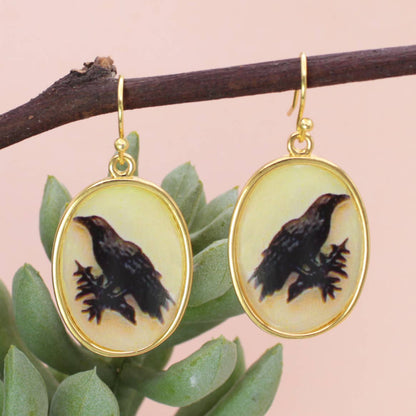Vintage Raven Print Gold Earrings