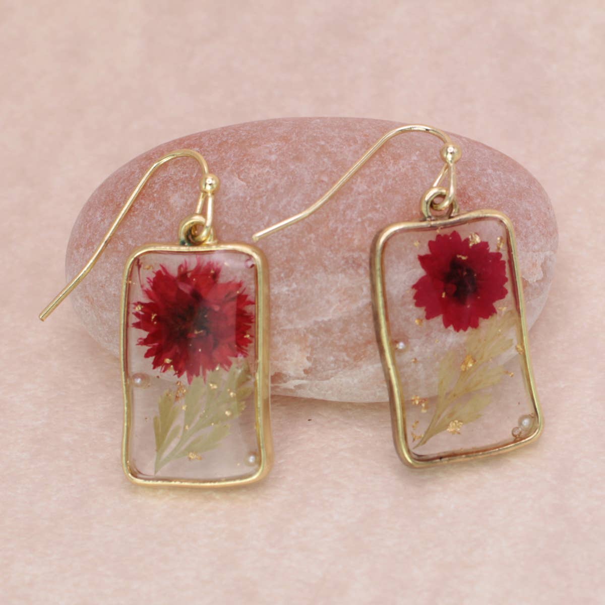Cottage Red Dried Flower Rectangle Earrings