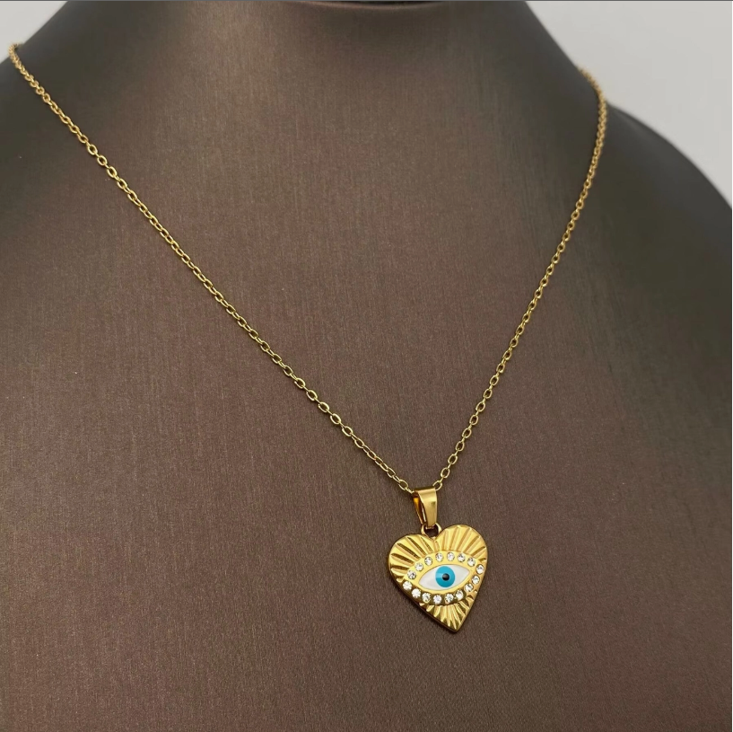 Enamel Evil Eyes Charm18K Gold Plated S.Steel Necklace - Fgs
