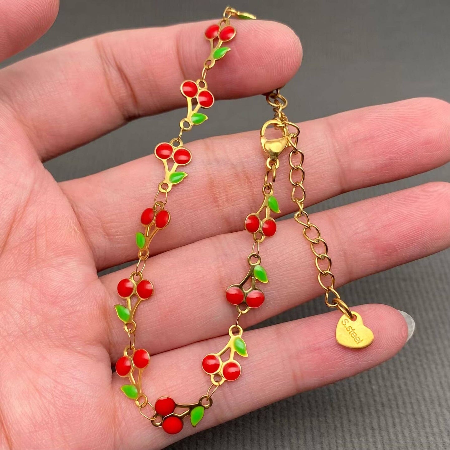 Enamel Cherry 18K Gold Plated Stainless Steel Bracelet - Fgs