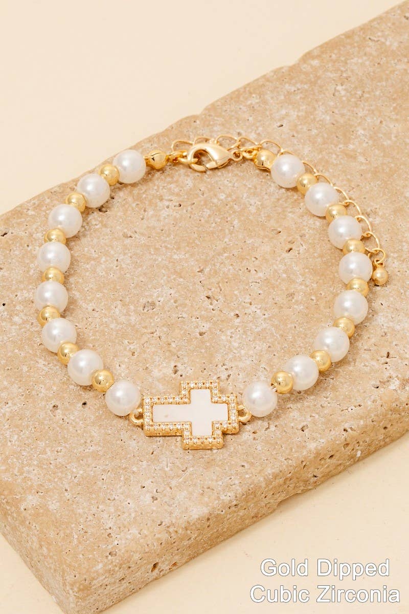 Gold Dipped Pearl Cz Cross Charm Bracelet