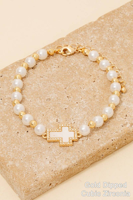 Gold Dipped Pearl Cz Cross Charm Bracelet