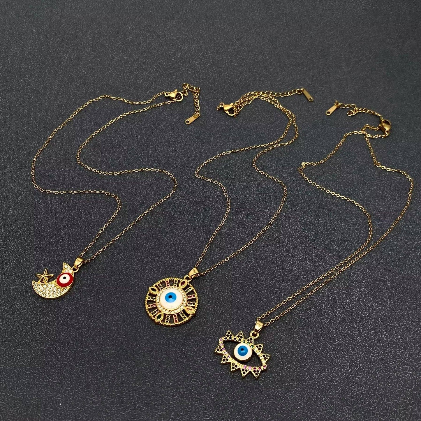 Multi Style Rhinestone Evil Eyes Charm Gold Plated Necklace