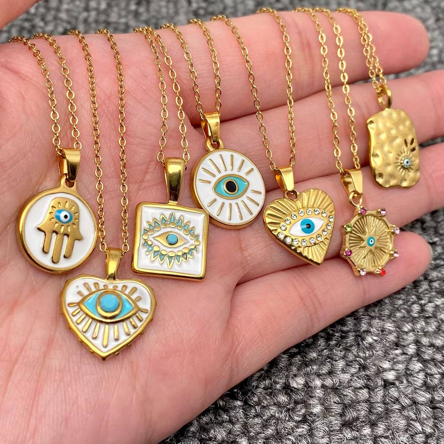 Enamel Evil Eyes Charm18K Gold Plated S.Steel Necklace - Fgs