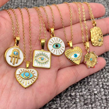 Enamel Evil Eyes Charm18K Gold Plated S.Steel Necklace - Fgs
