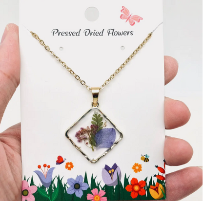 Floral Square Pendant Pressed Dried Flowers Necklace - Pdf