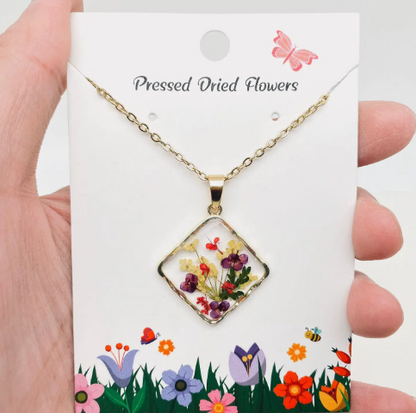 Floral Square Pendant Pressed Dried Flowers Necklace - Pdf