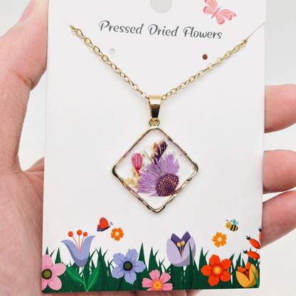 Floral Square Pendant Pressed Dried Flowers Necklace - Pdf